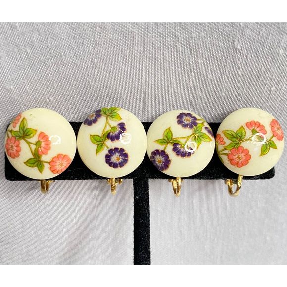 Floral Ceramic Earrings Pink Purple Painted Flowers On Stem Button Clip On Lot - Picture 2 of 8